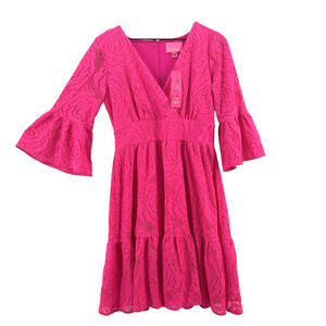 Lily Pulitzer Lace Dress Size 10 Bright Pink Bell Sleeve Preppy Cecelia Surplice